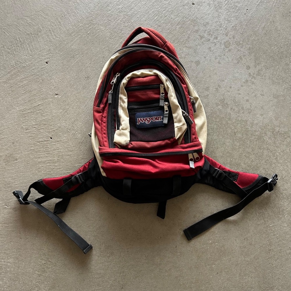 Vintage 90s JanSport Air Lift Technical Backpack Red Beige Outdoor Daypack 47120